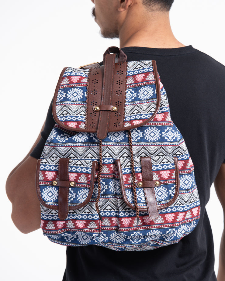 Tribal Woven Fabric with Faux Leather Backpack 02