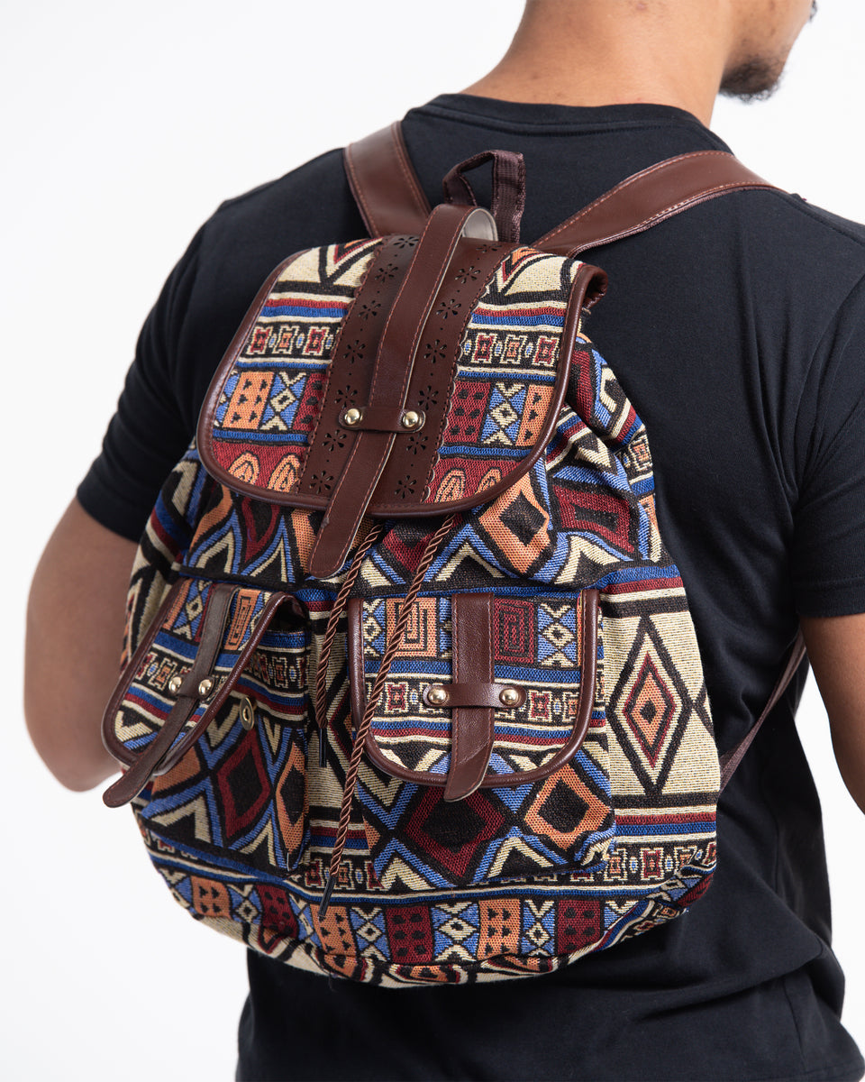 Sure Design Tribal Woven Fabric with Faux Leather Backpack 04