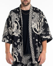 Koi Fish Print Cotton Kimono Cardigan in Black