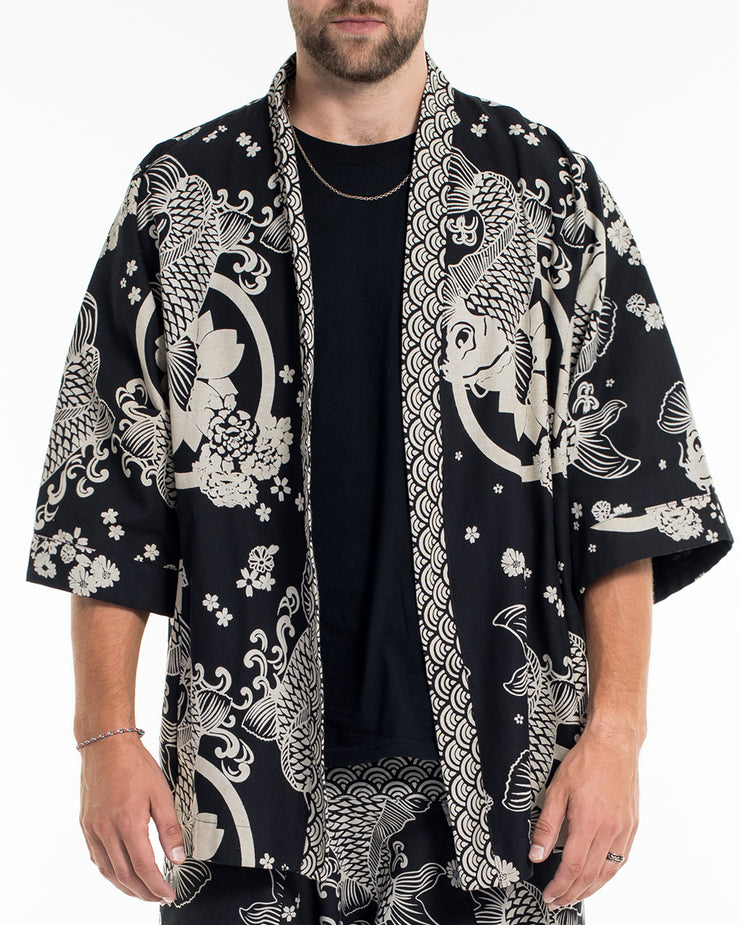 Koi Fish Print Cotton Kimono Cardigan in Black