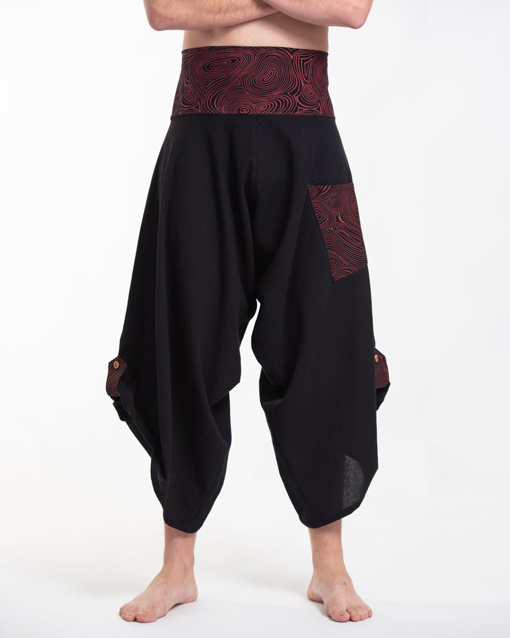 Unisex Button Up Cotton Pants with Hill Tribe Trim in Black