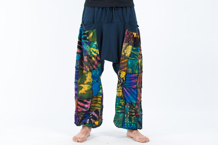 Unisex Tie Dye Cotton Harem Pants in Patchwork Blue