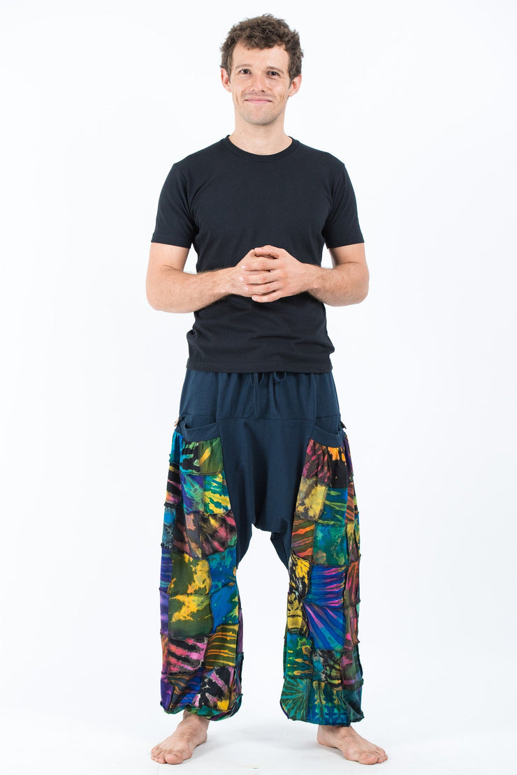 Unisex Tie Dye Cotton Harem Pants in Patchwork Blue