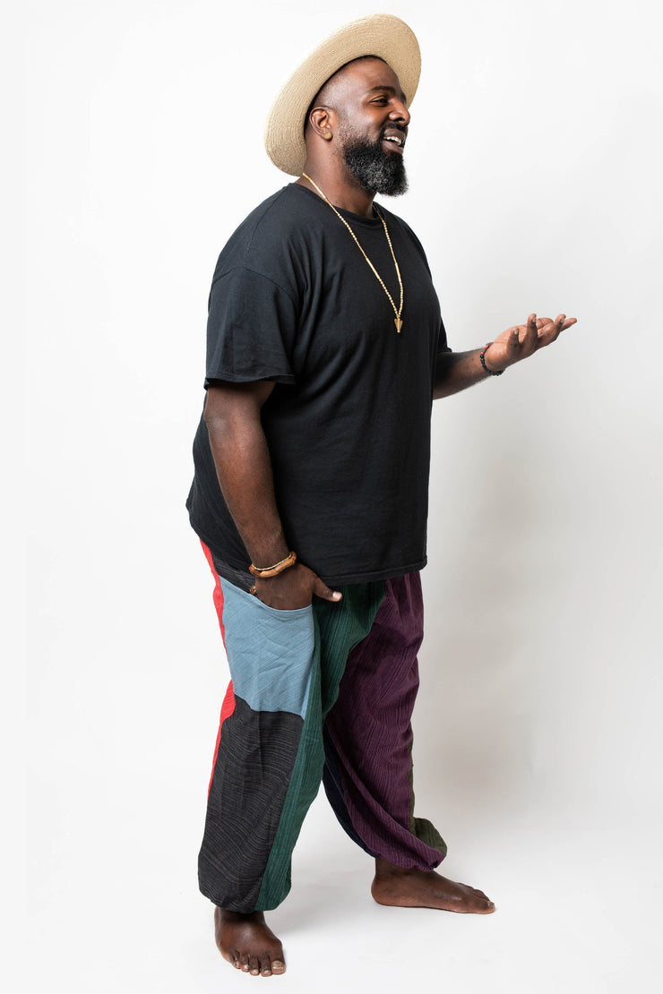 Unisex Plus Size Drawstring Patchwork Pinstripes Cotton Pants