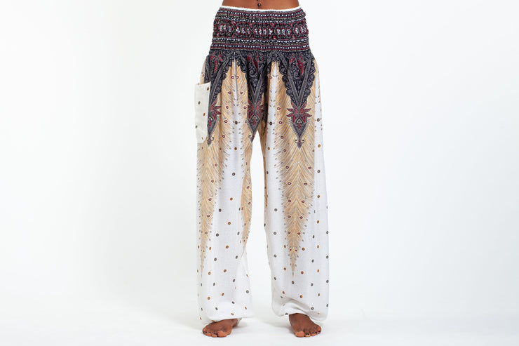 Unisex Peacock Feathers Harem Pants in White