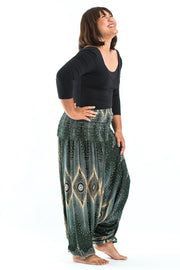 Unisex Plus Size Diamond Peacock Drop Crotch Jumpsuit Harem Pants in Green