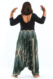 Unisex Plus Size Diamond Peacock Drop Crotch Jumpsuit Harem Pants in Green