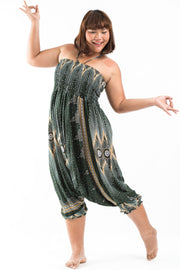 Unisex Plus Size Diamond Peacock Drop Crotch Jumpsuit Harem Pants in Green