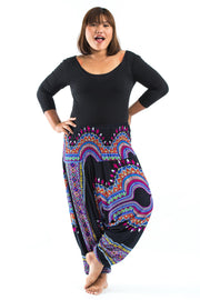 Unisex Plus Size Dashiki Prints Drop Crotch Jumpsuit Harem Pants in Black