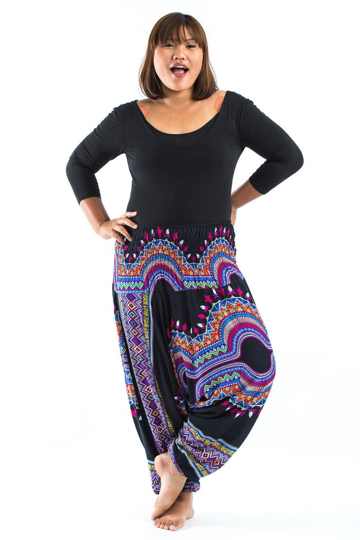 Unisex Plus Size Dashiki Prints Drop Crotch Jumpsuit Harem Pants in Black