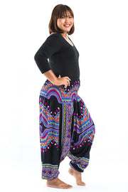 Unisex Plus Size Dashiki Prints Drop Crotch Jumpsuit Harem Pants in Black
