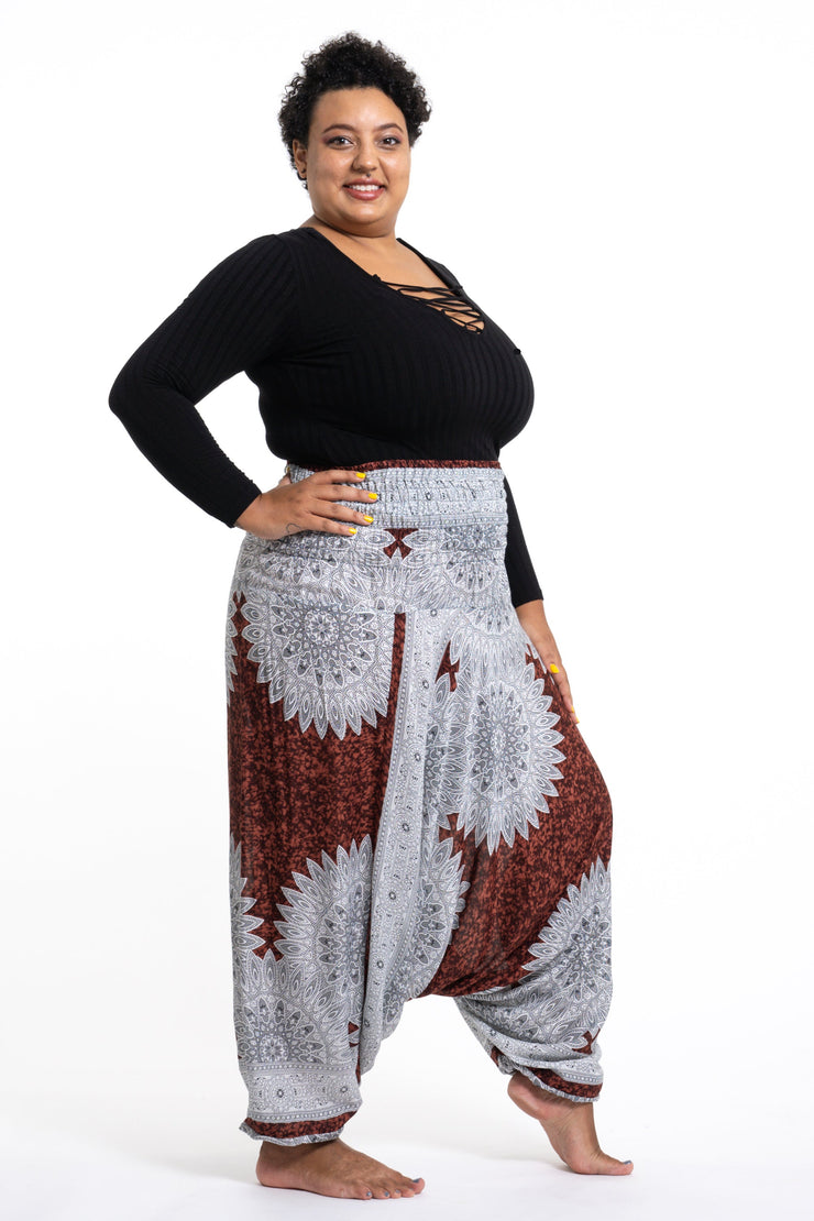 Unisex Plus Size Marble Mandalas Drop Crotch Jumpsuit Harem Pants in Brown