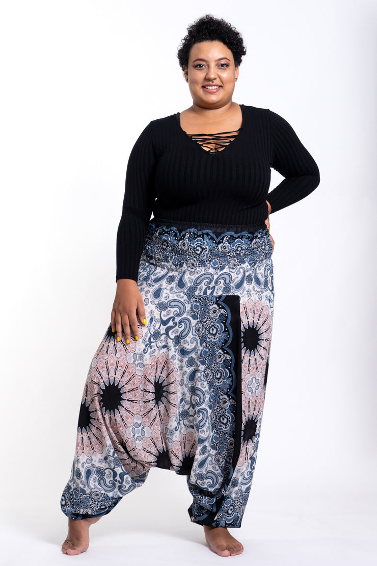 Unisex Plus Size Paisley Mandalas Drop Crotch Jumpsuit Harem Pants in Silver Gray
