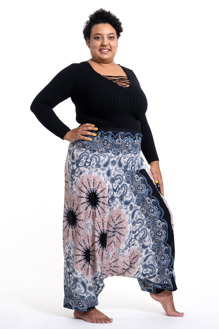 Unisex Plus Size Paisley Mandalas Drop Crotch Jumpsuit Harem Pants in Silver Gray