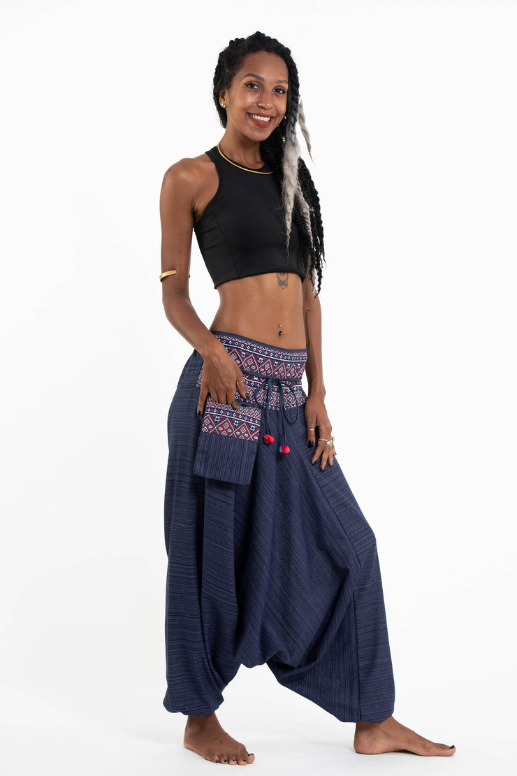 Unisex Pinstripe Harem Pants With Hill Tribe Trim in Navy