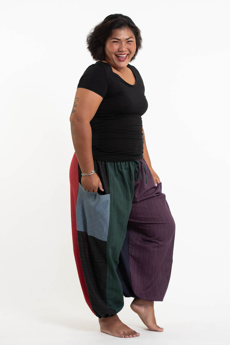 Unisex Plus Size Drawstring Patchwork Pinstripes Cotton Pants