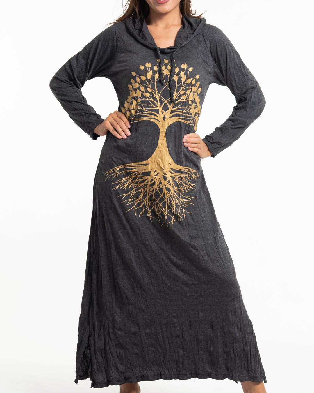 Sure Design Womens Tree of Life Long Hoodie Dress in Gold on Black