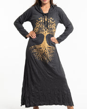 Womens Tree of Life Long Hoodie Dress in Gold on Black