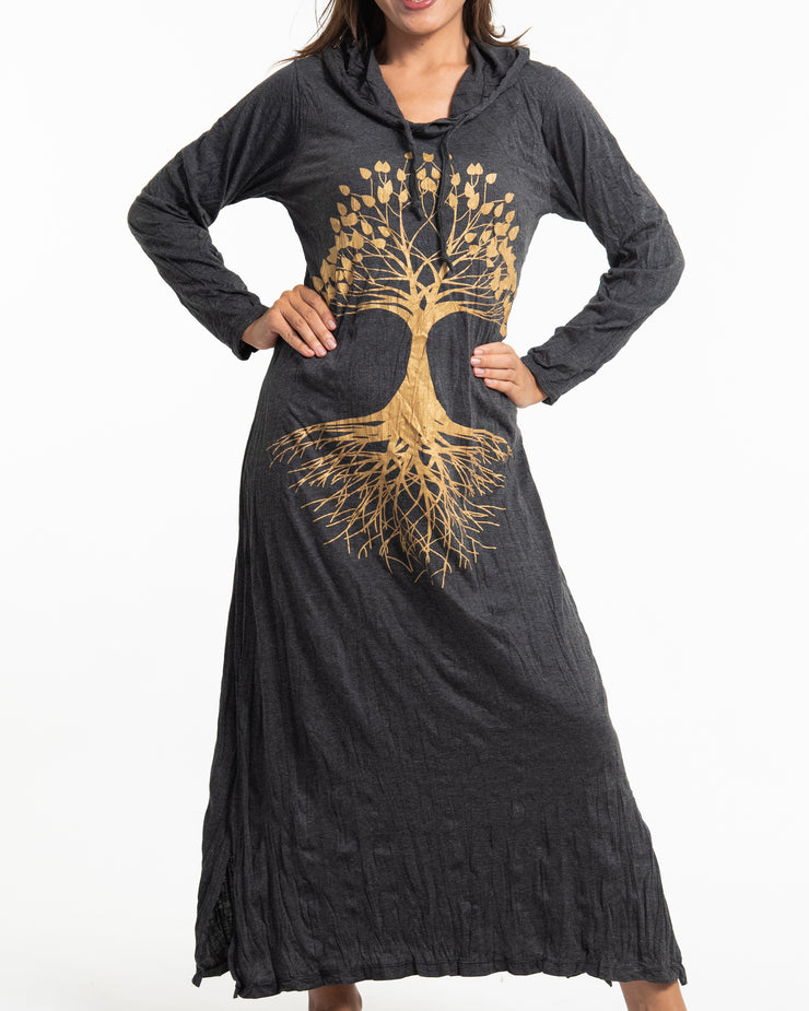 Sure Design Womens Tree of Life Long Hoodie Dress in Gold on Black Sure Design Womens Tree of Life Long Hoodie Dress in Gold on Black