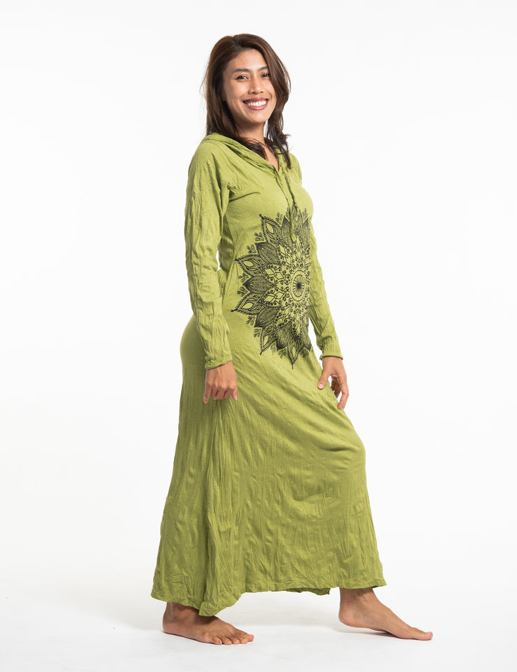 Womens Lotus Mandala Long Hoodie Dress in Lime