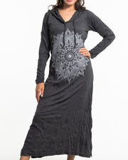 Womens Lotus Mandala Long Hoodie Dress in Silver on Black