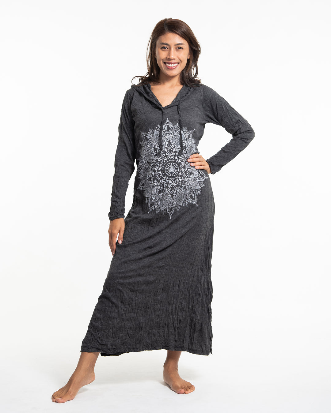 Sure Design Womens Lotus Mandala Long Hoodie Dress in Silver on Black