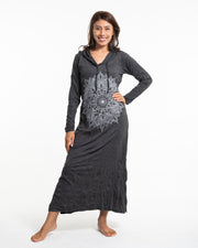 Womens Lotus Mandala Long Hoodie Dress in Silver on Black