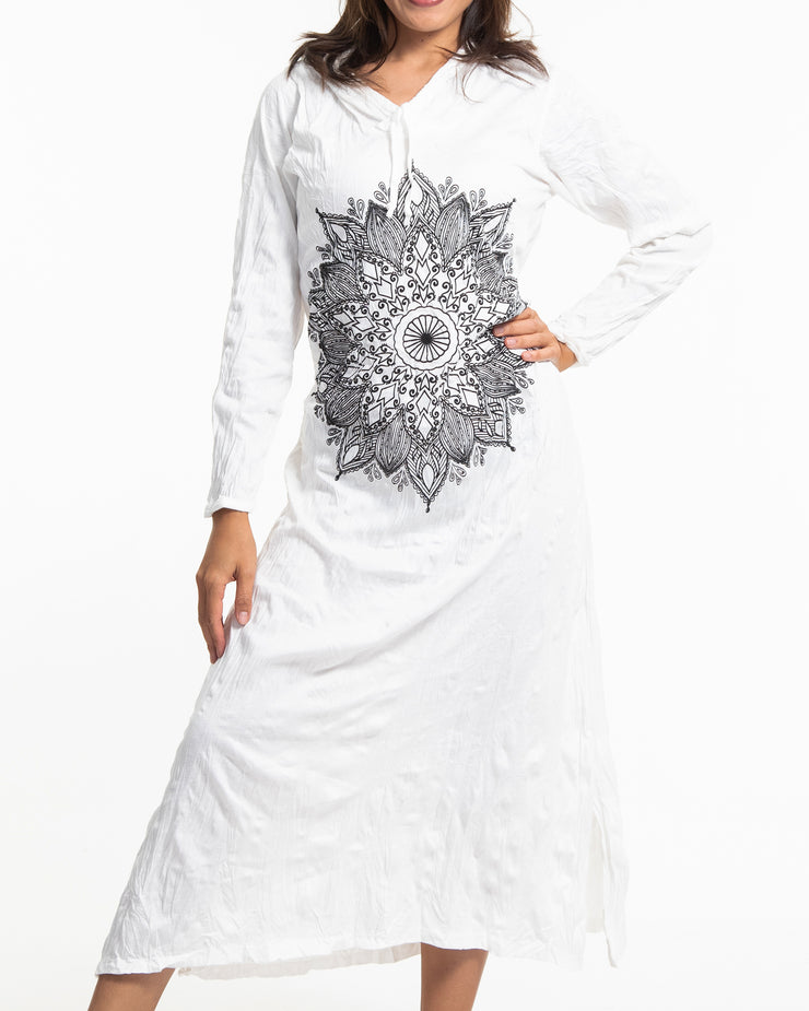 Womens Lotus Mandala Long Hoodie Dress in White