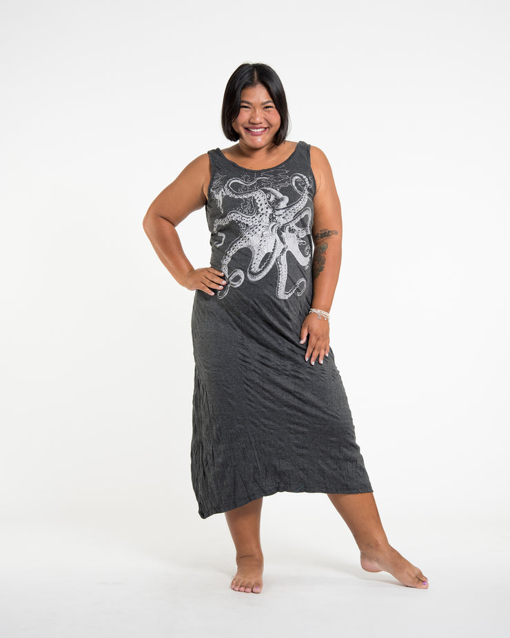 Womens Octopus Long Tank Dress in Silver on Black L/XL