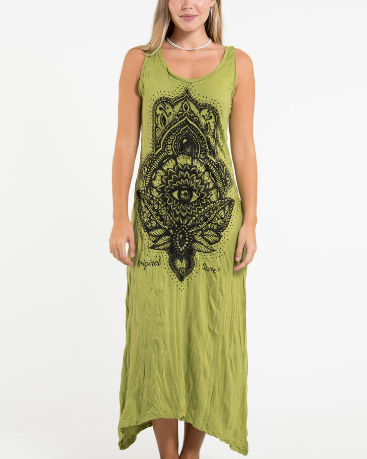 Womens Hamsa Lotus Long Tank Dress in Lime