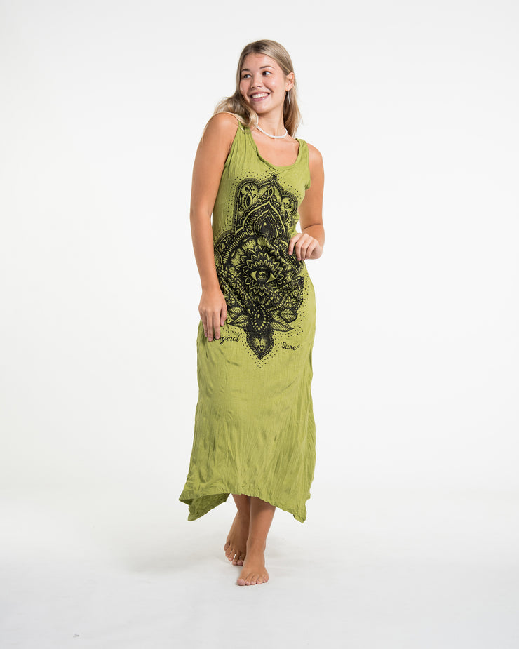 Womens Hamsa Lotus Long Tank Dress in Lime