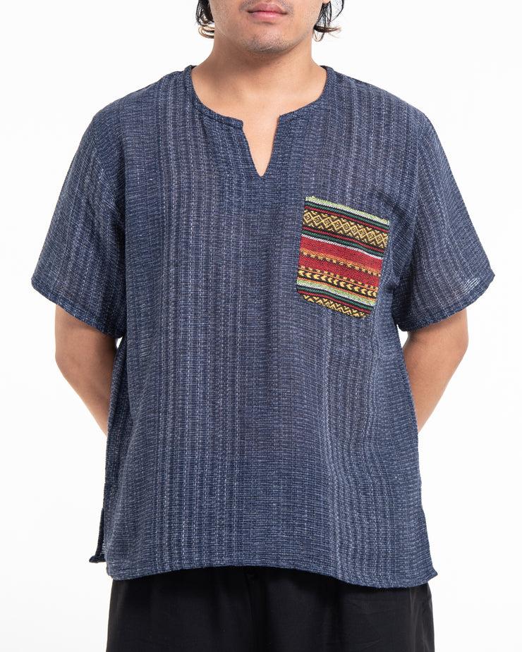 Unisex Woven Cotton Shirt with Tribal Pocket in Blue