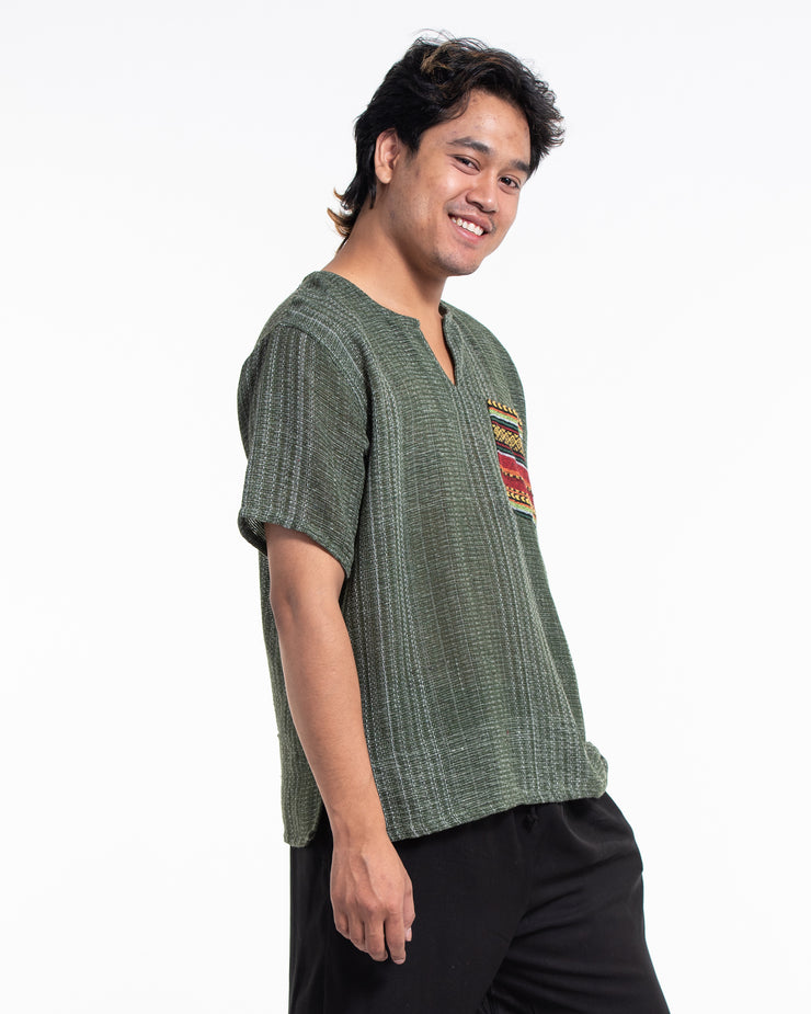 Unisex Woven Cotton Shirt with Tribal Pocket in Green