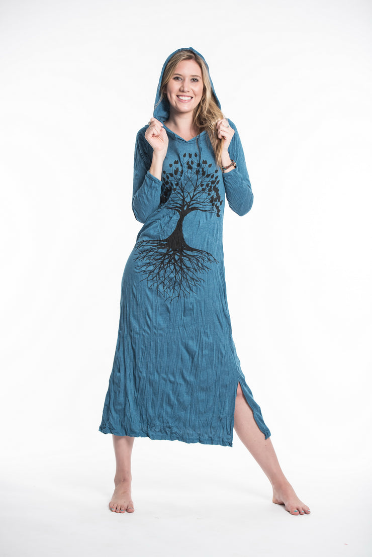 Womens Tree of Life Long Hoodie Dress in Denim Blue