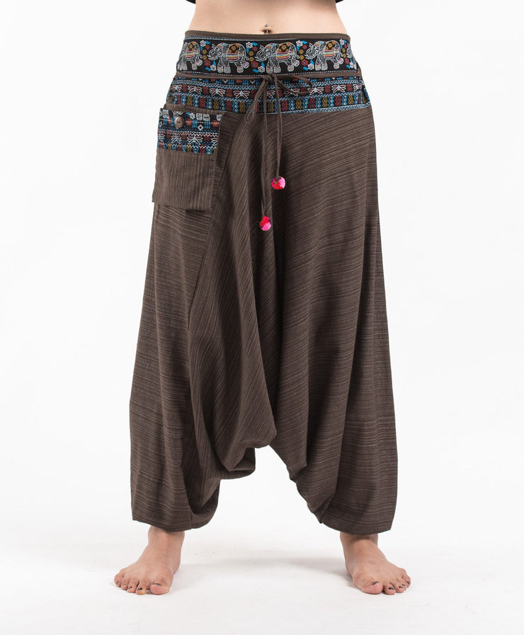 Unisex Pinstripe Harem Pants with Elephant Trim in Brown