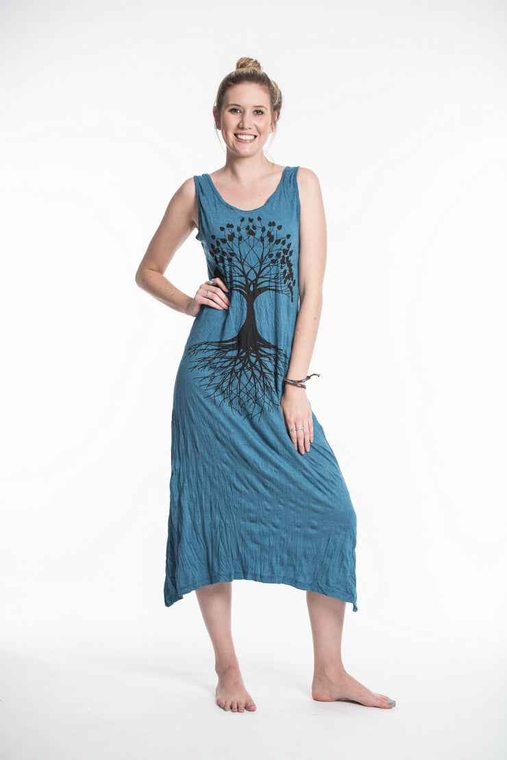 Womens Tree of Life Long Tank Dress in Denim Blue