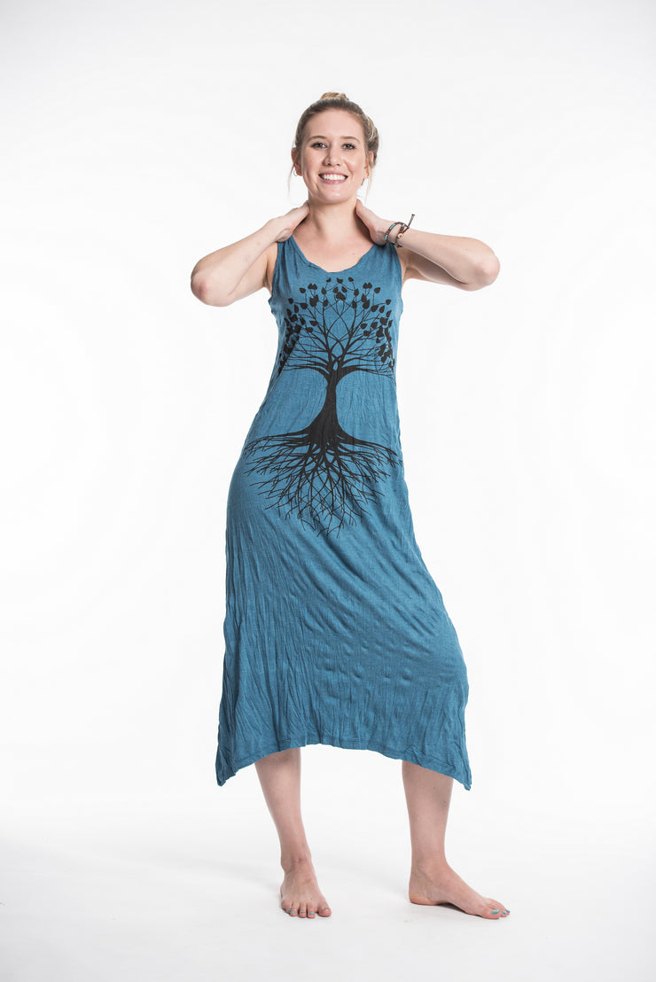 Womens Tree of Life Long Tank Dress in Denim Blue