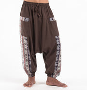 Unisex Elephant Aztec Cotton Harem Pants in Brown