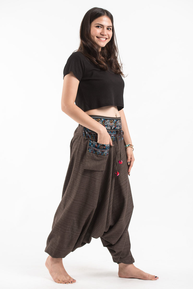 Unisex Pinstripe Harem Pants with Elephant Trim in Brown