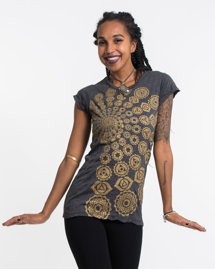 Womens Chakra Fractal T-Shirt in Gold on Black