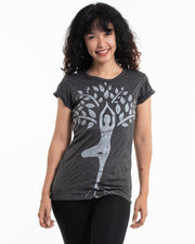 Womens Yoga Tree of Life T-Shirt in Silver on Black
