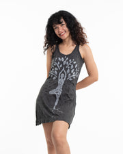 Womens Yoga Tree of Life Tank Dress in Silver on Black