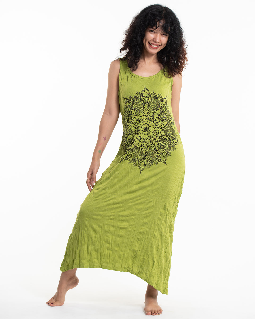 Sure Design Womens Lotus Mandala Long Tank Dress in Lime