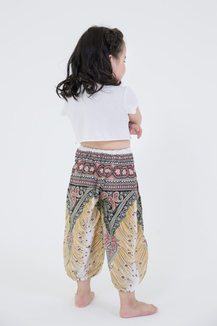 Kids Peacock Feathers Harem Pants in White