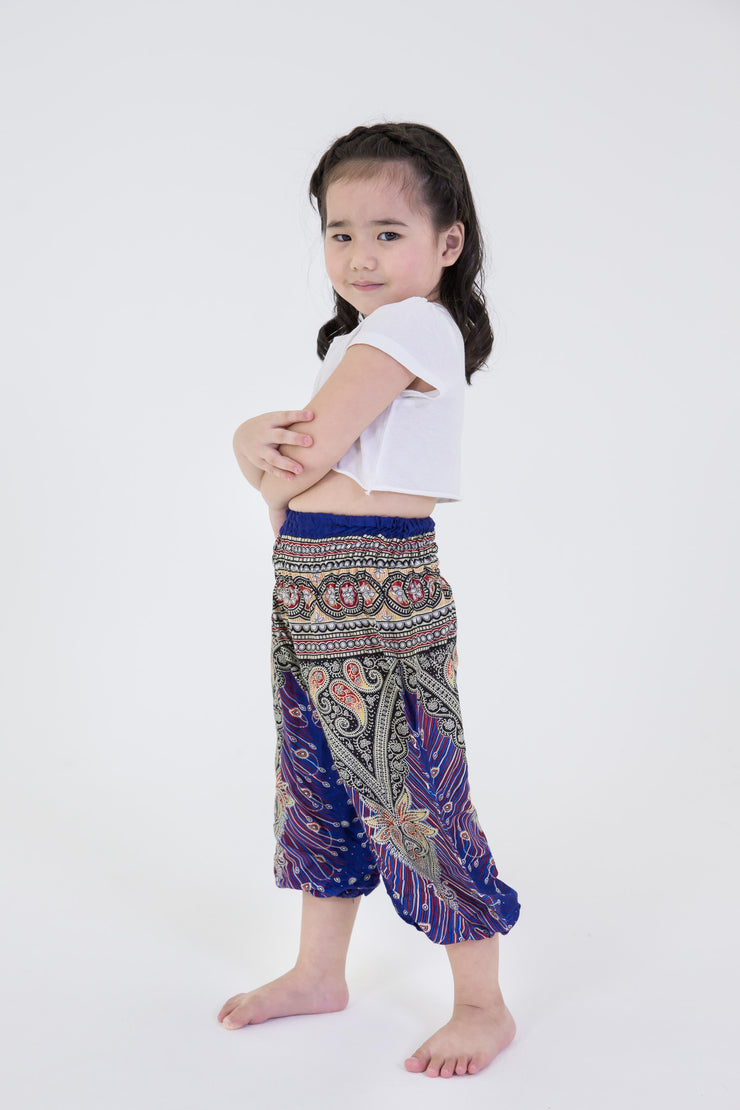 Kids Peacock Feathers Harem Pants in Blue