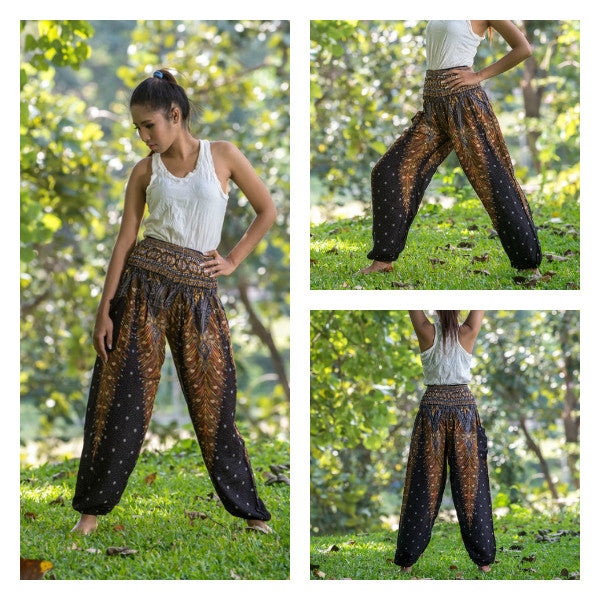 Unisex Peacock Feathers Harem Pants in Black