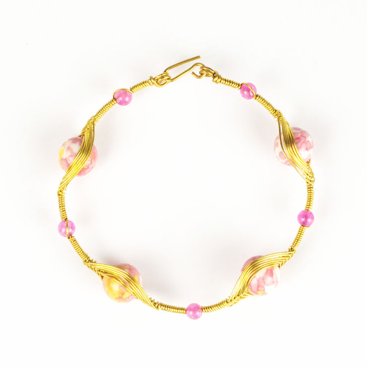 Wired Brass Bracelet with Pink Marble Beads