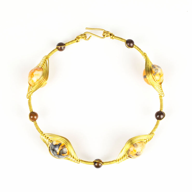 Wired Brass Bracelet with Orange Marble Beads
