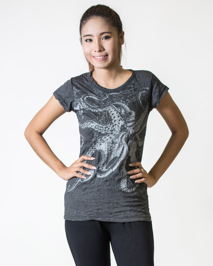 Womens Octopus T-Shirt in Silver on Black