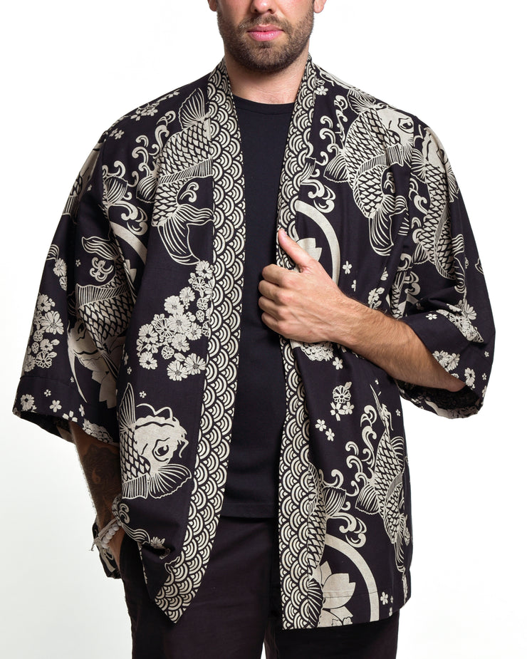Koi Fish Print Cotton Kimono Cardigan in Black